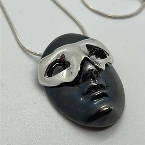 German Designer Gunmetal Sterling Mask Face Silver 22” Necklace